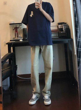 高弹力牛仔裤男qot黄泥染做旧百搭宽松修身阔腿美式显街vibe裤子