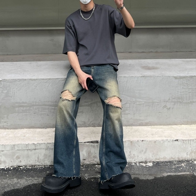 深色复古做旧破洞牛仔裤子男