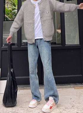 美式高街复古修身浅蓝色百搭牛仔裤男cleanfit宽松显瘦直筒长裤子