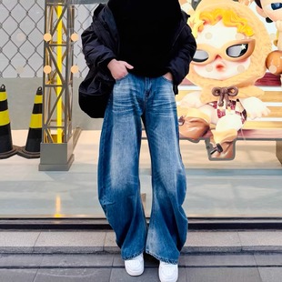 垂坠感潮男复古牛仔长裤 适配宽松弯刀裤 高街做旧水洗工艺四季 美式