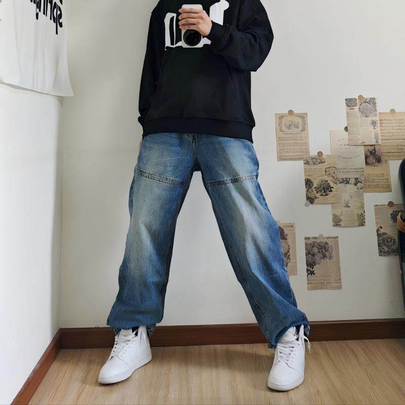 复古工装风横向分割水洗牛仔裤男女生宽松直筒做旧磨白复古长裤子