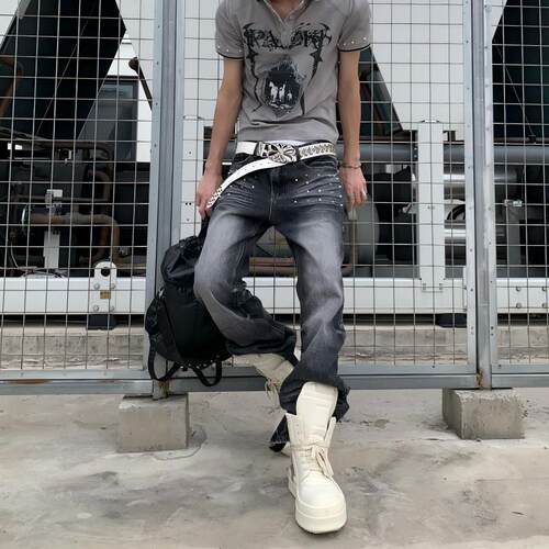 美式街头尖钉装饰爪痕水洗牛仔裤