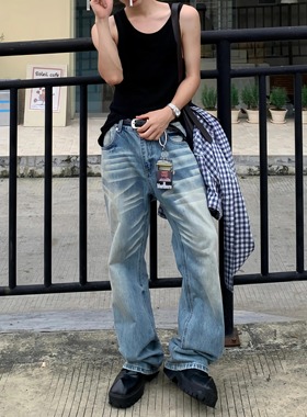 美式街头水洗浅蓝色猫须设计感牛仔裤男宽松Qversize风直筒长裤子