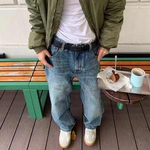 子 男宽松vibe风百搭直筒长裤 美式 休闲日常拼接解构线呈显瘦牛仔裤