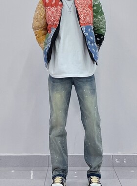 拉链长裤泼墨印花春秋牛仔裤