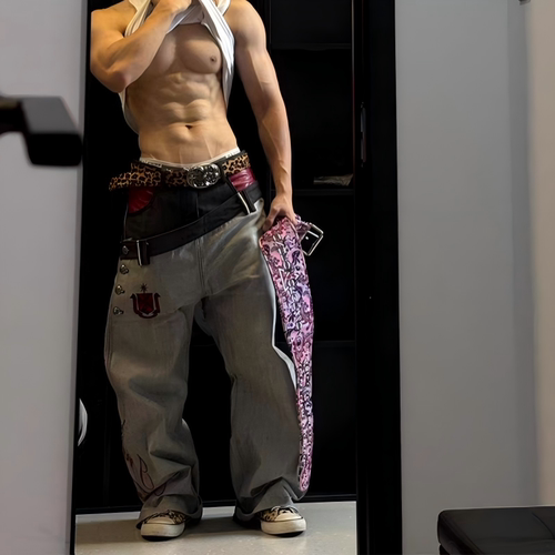 美式复古双腰头高街弯刀牛仔裤男