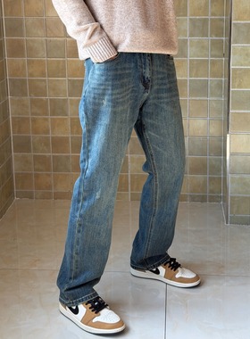 美式复古修身深蓝色百搭磨破牛仔裤男cleanfit宽松显瘦直筒长裤子