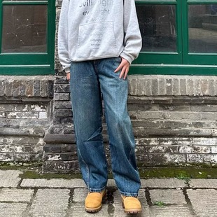 深蓝做旧水洗牛仔裤 型日常通勤休闲 石磨工艺质感满春秋穿超宽松版