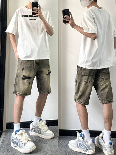 美式复古黄泥染破洞牛仔短裤男