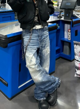 美式高街加长裤长渐变水洗印花工艺四季适配复古潮男阔腿牛仔长裤