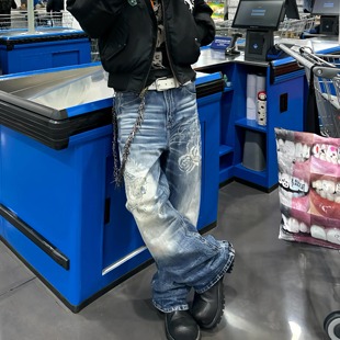 适配复古潮男阔腿牛仔长裤 长渐变水洗印花工艺四季 高街加长裤 美式