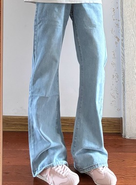 日系休闲简约浅蓝色水洗百搭牛仔裤男女cleanfit风宽松直筒长裤子