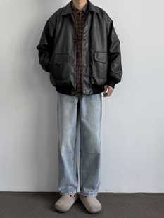 子阔腿重工复古长裤 日系简约牛仔裤 水洗宽松直筒cleanfit浅蓝色裤