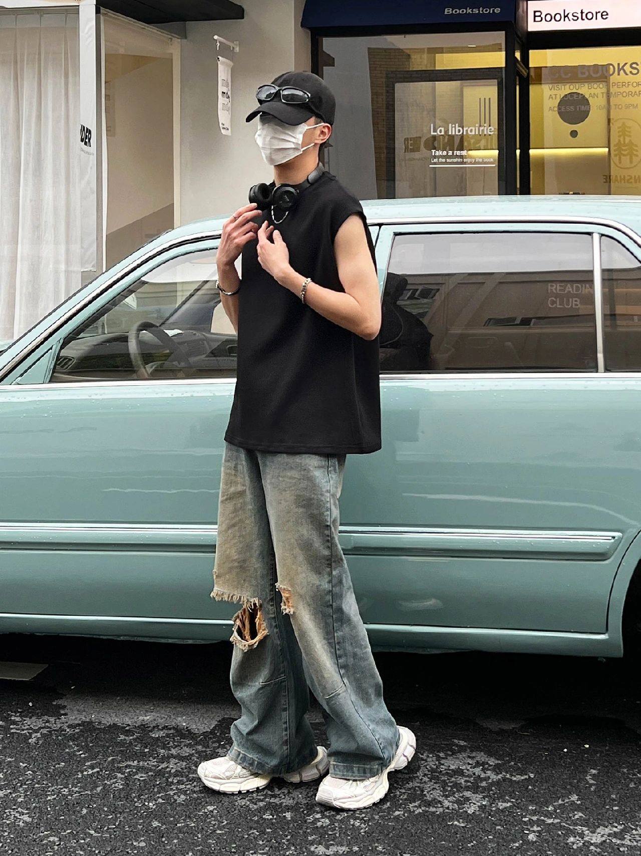 美式高街vibe做旧膝盖破洞牛仔裤男复古潮流宽松直筒阔腿百搭裤子,男装,牛仔裤,淘宝优惠券,粉丝福利购,淘宝优惠卷