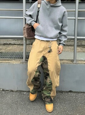 美式街头迷彩多口袋工装Oversize牛仔裤男复古宽松阔腿垂感长裤子