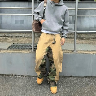 美式街头迷彩多口袋工装Oversize牛仔裤男复古宽松阔腿垂感长裤子