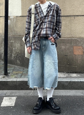 CGG高街复古设计感波浪毛边破洞牛仔裤男美式街头百搭宽松七分裤