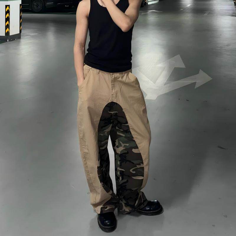 小众不对称拼迷彩卡其工装裤男女高街宽松阔腿垂感拖地休闲长裤子