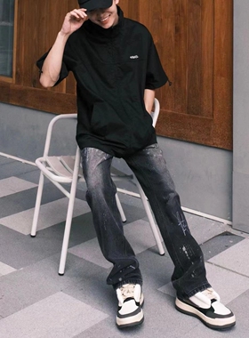 美式牛仔裤高街直筒复古刺绣宽松阔腿男百搭拖地裤子堆积感黑色裤