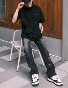 美式牛仔裤高街直筒复古刺绣宽松阔腿男百搭拖地裤子堆积感黑色裤