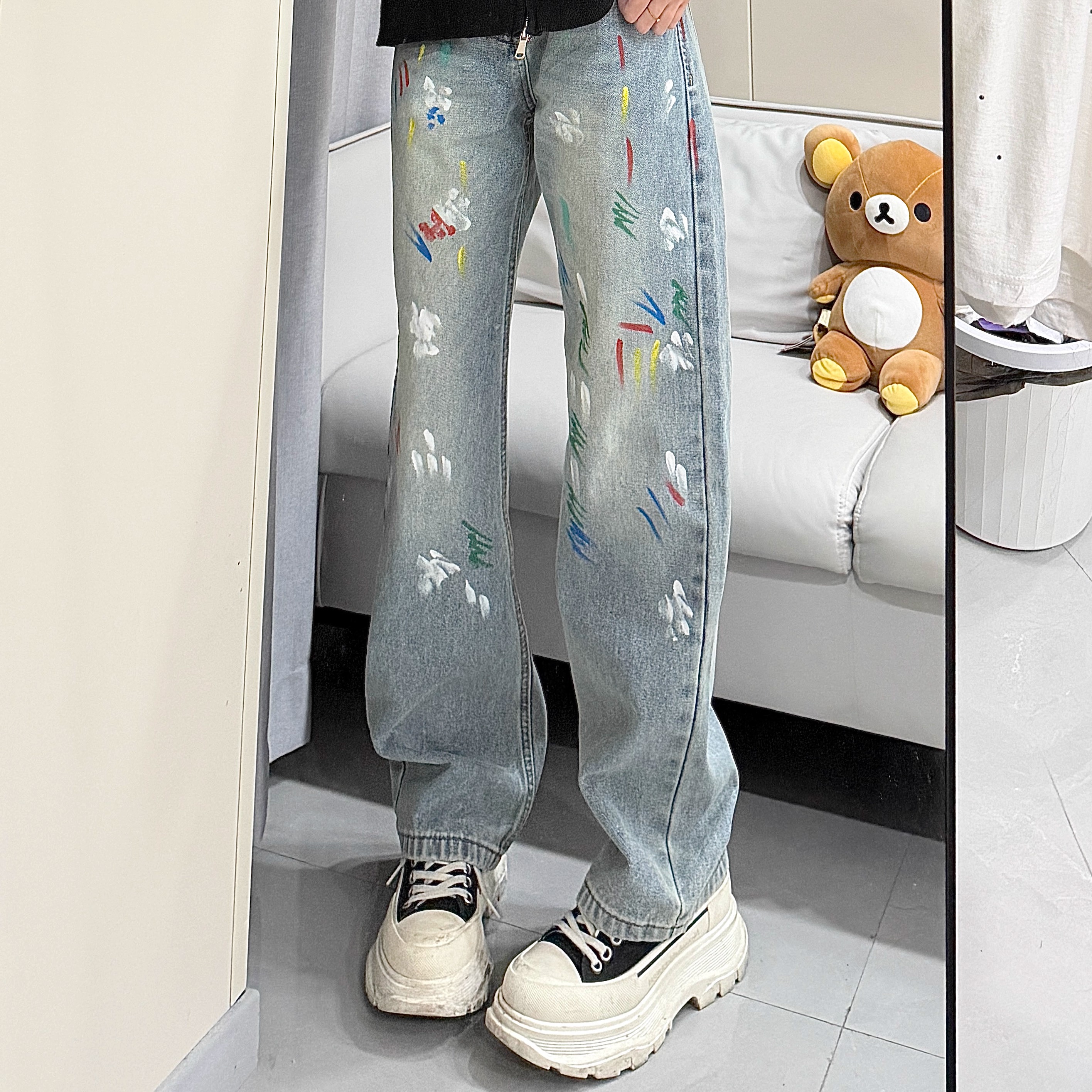 美式复古休闲日常彩虹泼墨牛仔裤男宽松cleanfit百搭直筒长裤子潮