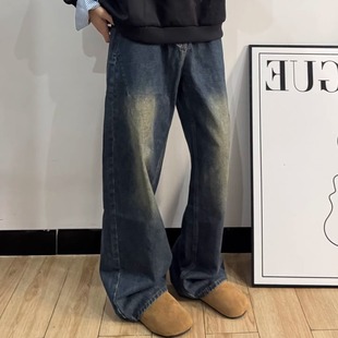 子潮 男cleanfit直筒阔腿长裤 美式 做旧复古宽松日常休闲百搭牛仔裤