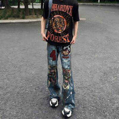 美式高街3D数码打印牛仔裤男