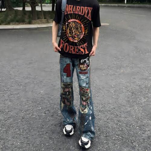 美式高街3D数码打印牛仔裤男