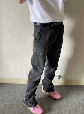 高街复古水洗黑色拉链毛边牛仔裤男夏季直筒窄版阔腿裤子ins潮牌