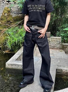 美式黑色羊毛拼接弯刀直筒牛仔裤男士弧线宽松垂感阔腿裤反穿设计