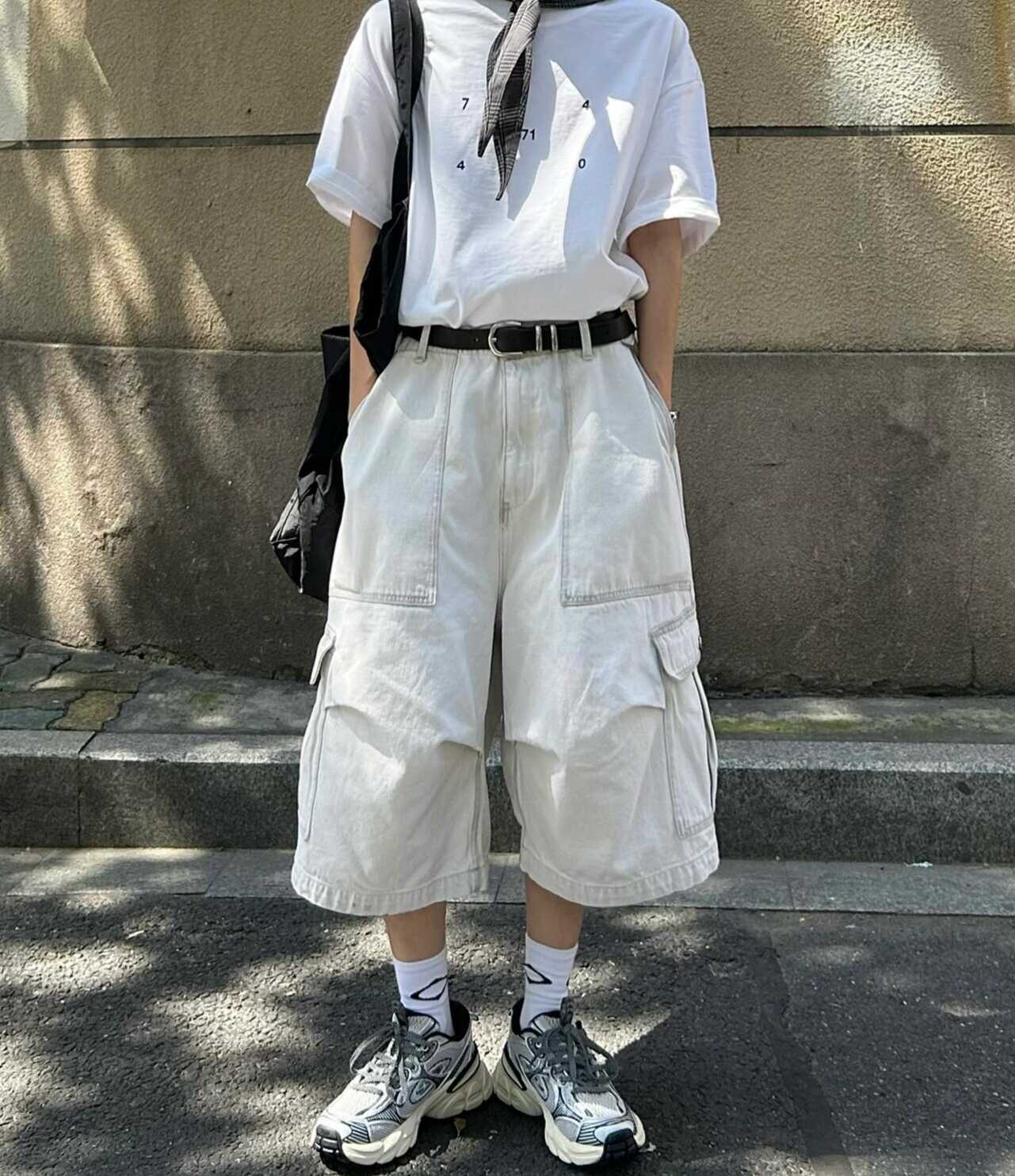 韩版大码工装牛仔裤男2024夏季高街七分裤新款多口袋阔腿百搭显瘦