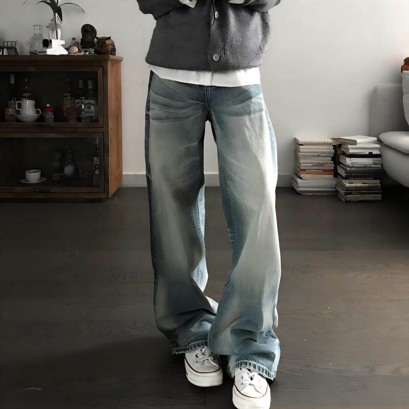 高街复古做旧阔腿直筒牛仔裤男女浅色渐变扫白水洗重磅牛仔长裤子