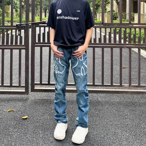 美式复古和平鸽刺绣阔腿牛仔裤