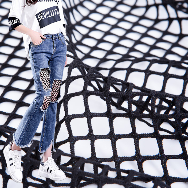 黑色破洞镂空网格蕾丝布料包邮