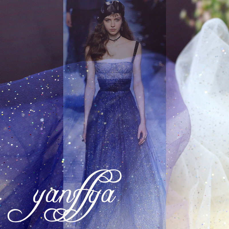 深蓝渐变撒粉网纱布料喷粉梦幻