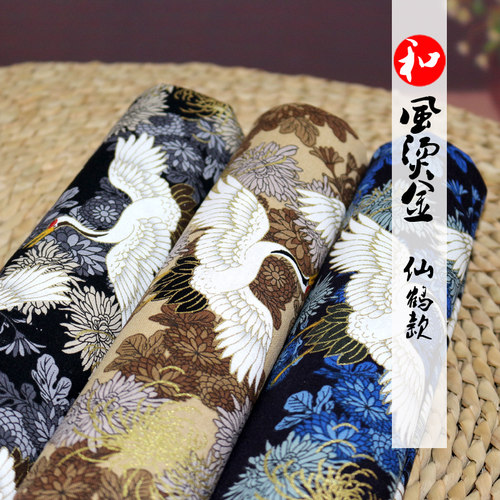 仙鹤款和风服装面料烫金棉布