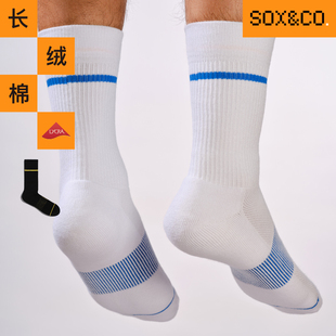 SOX&CO.原创设计中筒袜蓝色条纹新疆棉莱卡男运动袜白袜毛巾底