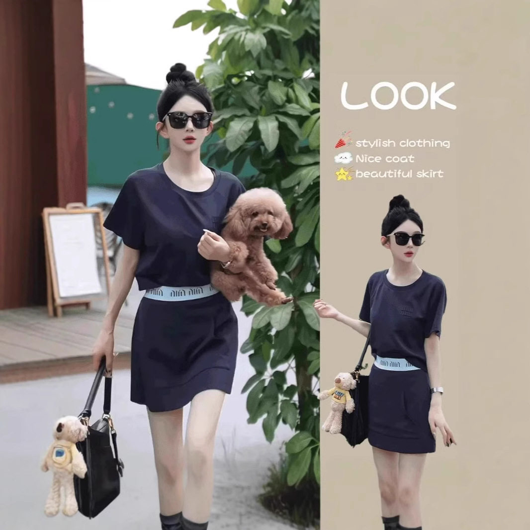 小个子穿搭一整套女装2025夏季新款时尚休闲短袖上衣半裙运动套装