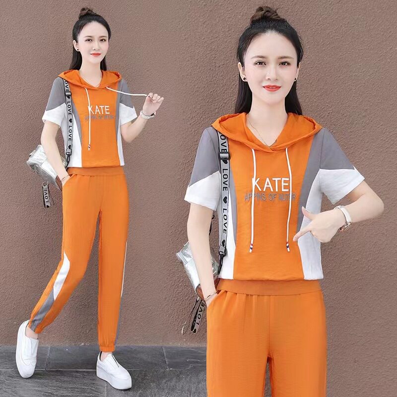 2026时尚套装裤女夏季新款大码女装显瘦洋气束脚裤休闲连帽两件套