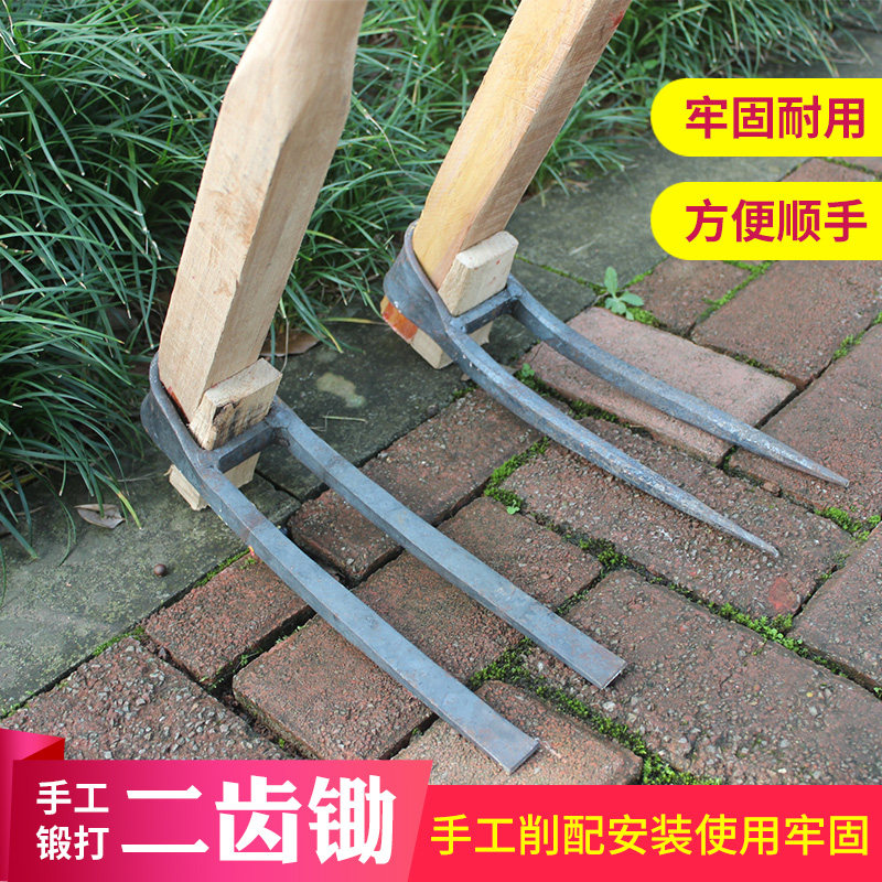 家用高碳钢清洁扁形环保园艺长把松土开荒种菜二齿新农村农民锄头