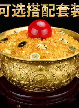 如意双耳聚宝盆摆件黄铜中式铜盆客厅玄关家居工艺礼品摆饰店铺开