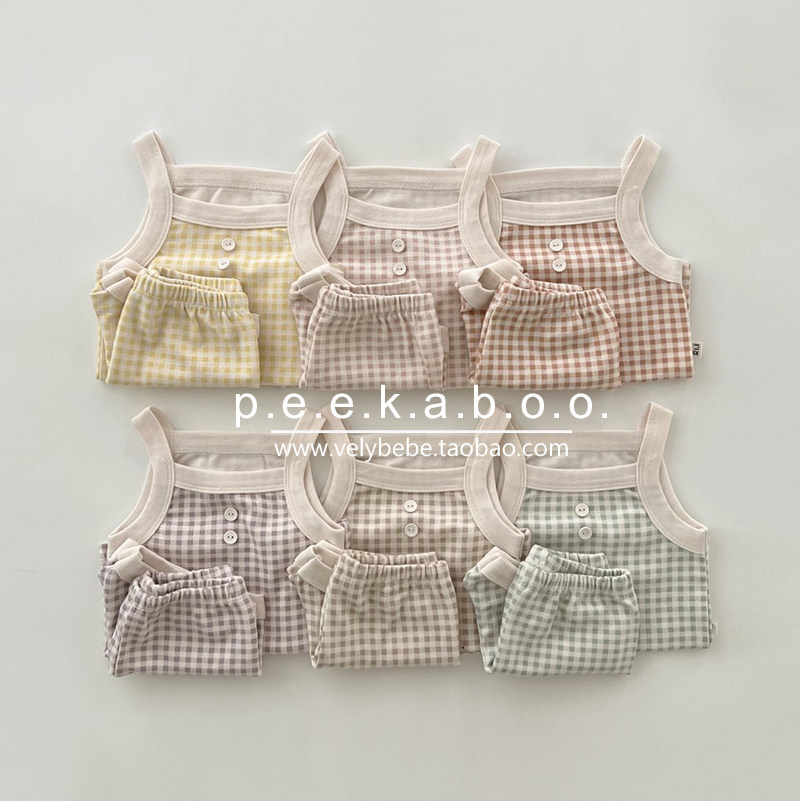 【夏】peekaboo正品韩国童装儿童家居服宝宝睡衣套装吊带格纹
