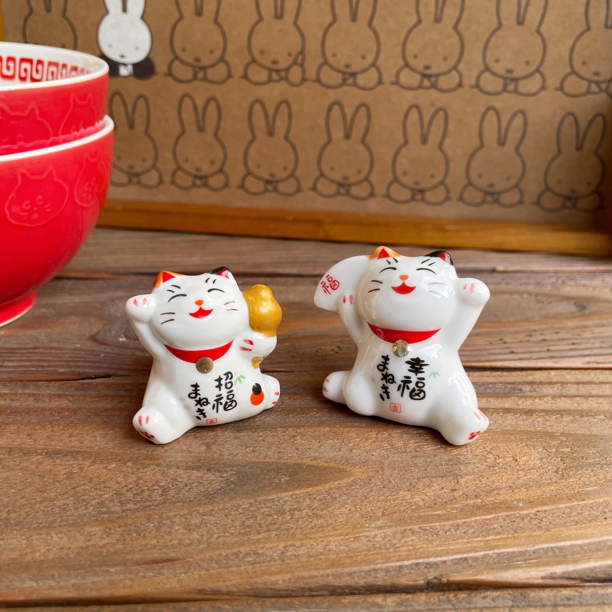 树下盒  日式手绘立体招财猫筷子架招福小猫筷托陶瓷摆件可做笔架