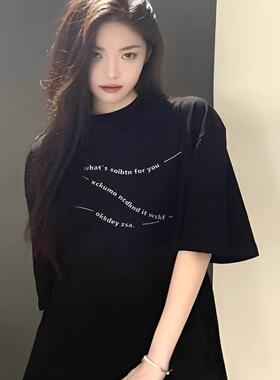 2025新款爆款夏季黑色短袖t恤女纯棉正肩设计感美式半袖宽松上衣