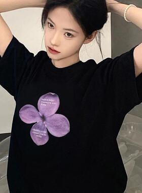 2025新款爆款夏季黑色短袖t恤女纯棉正肩设计感美式半袖宽松上衣