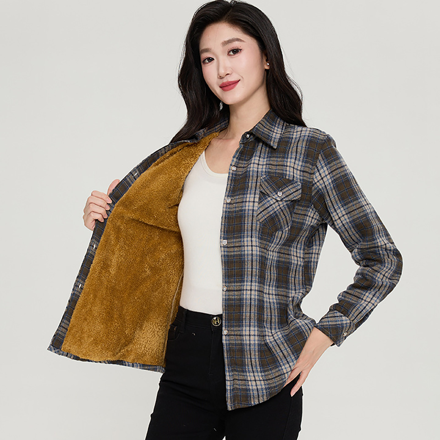加绒衬衫女款格子衬衣2025新款爆秋冬季长袖修身显瘦保暖外套上衣