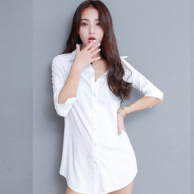 白衬衫女秋季设计感小众中长款性感硫酸铜穿搭衬衣裙前短后长上衣,女装/女士精品,衬衫,淘宝优惠券,粉丝福利购,淘宝优惠卷