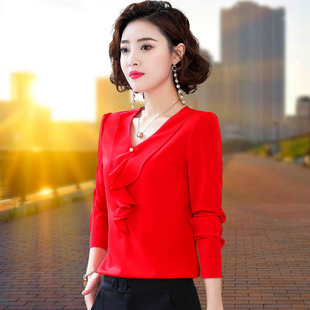 衬衫女款2026新款爆款开春穿搭红色雪纺衫新款衬衫小衫荷叶边上衣