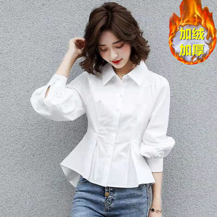 加绒衬衫女白色加厚外套2026春秋新款收腰显瘦保暖内衣打底衫衬衣