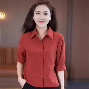 红衬衣女雪纺红色休闲衬衫秋冬雪纺衫洋气质时尚上衣别致漂亮小衫